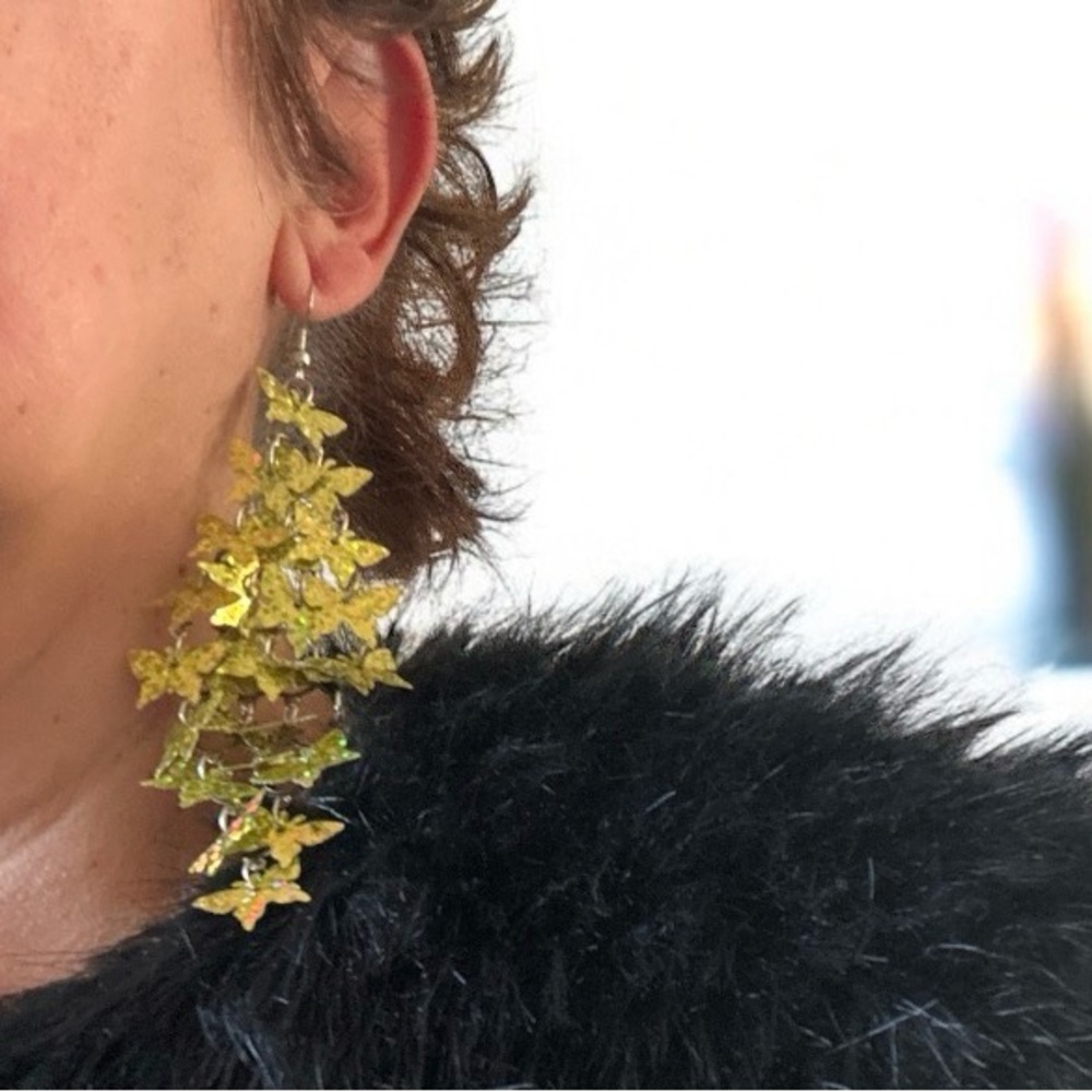 Fashion Jewelry Gold Butterfly Tassel Long Drop Dangle Metallic Earrings